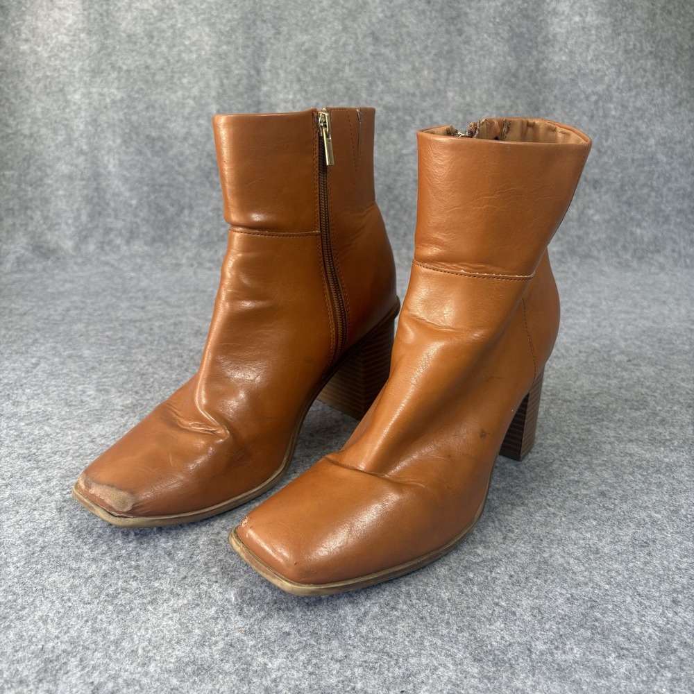 The Drop Square Toe Ankle Boots 8.5 Cognac Brown Faux Leather Block Heel